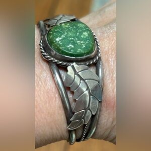 Unique Green turquoise and silver vintage cuff.